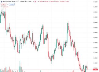 The currency pair NZDUSD, at a rate of 0.59372, reached its highest value of the day at 0.6015 before sharply decreasing to 0.5940.