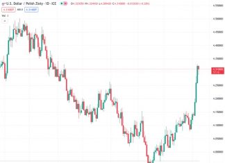 The Polish currency, PLN, is weakening at a rate of 4.31169 against the USD due to the Polish central bank’s premature decision to lower interest rates.
